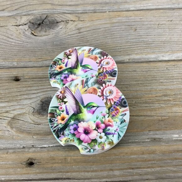 Hummingbird Pastel Flowers Car Coasters - Picture 1 of 6